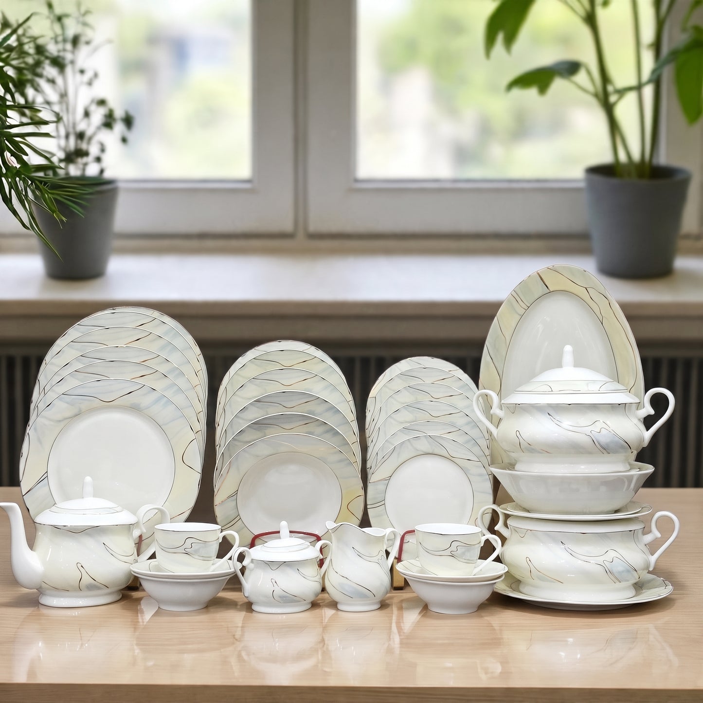 Abstract Marble 85-Piece Premium Porcelain Dinner Set - 8 Person Serving Luxury Dinner & Tea Set