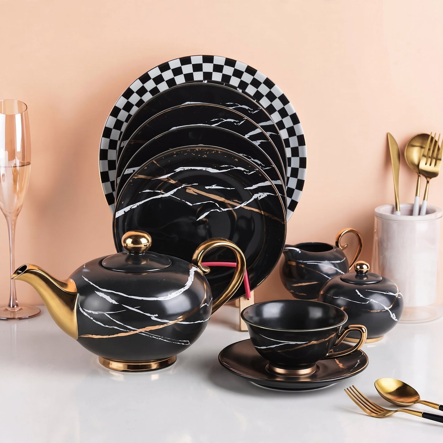 Luxury Black Marble 24-Piece Ceramic Dinner & Tea Combo Set - 6 Person Serving