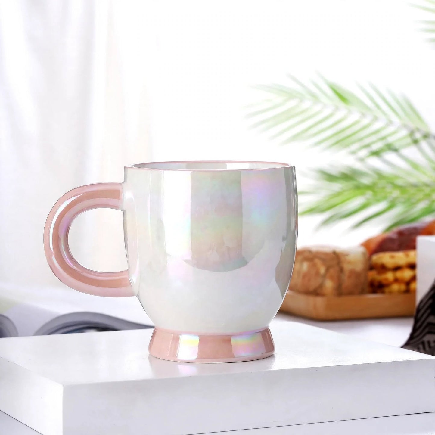 Cute 3D Ribbon Bow Ceramic Mug – 400ml Pearlescent Pink Pedestal Coffee Cup with Pearl Luster Glaze