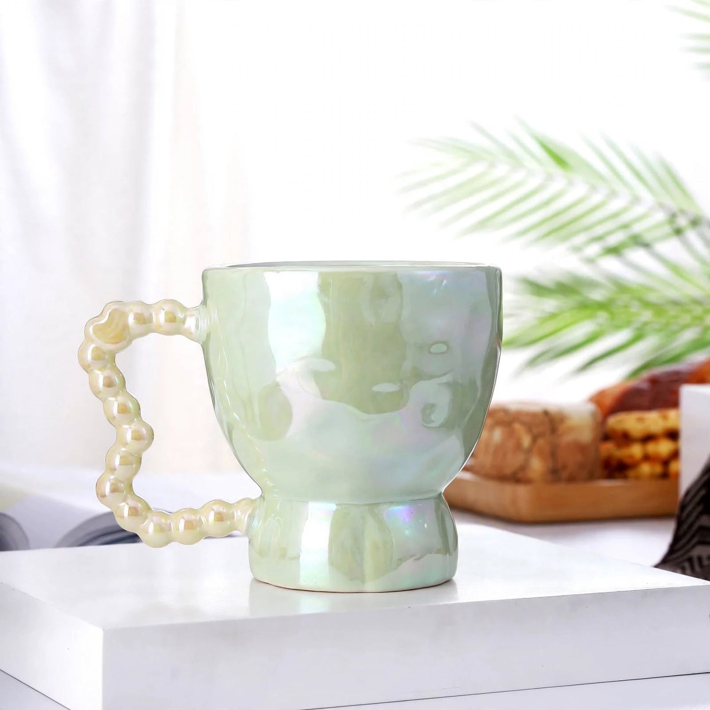 Charming 3D Heart Ceramic Mug – 450ml Iridescent Pastel Green Coffee Cup with Bubble Wave Handle