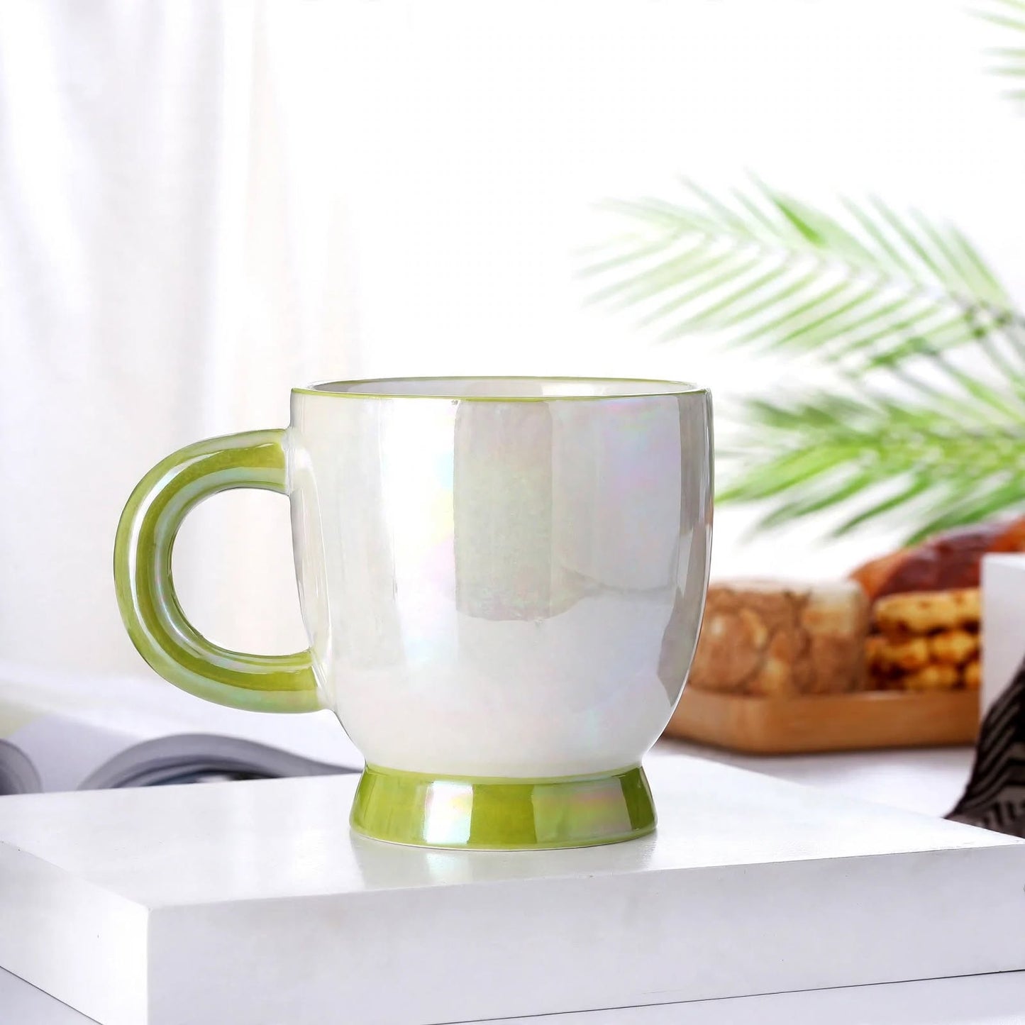 Cute 3D Ribbon Bow Ceramic Mug – 400ml Pearlescent Sage Green Pedestal Coffee Cup with Pearl Luster Glaze