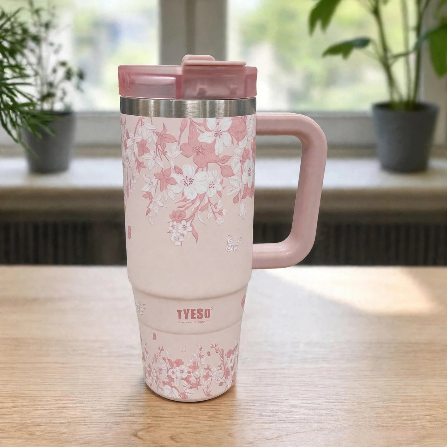 Authentic TYESO 30oz (900ML) Aura Floral Blush Collection Vacuum Insulated Tumbler Mug with Handle - Cherry Blossom Pink
