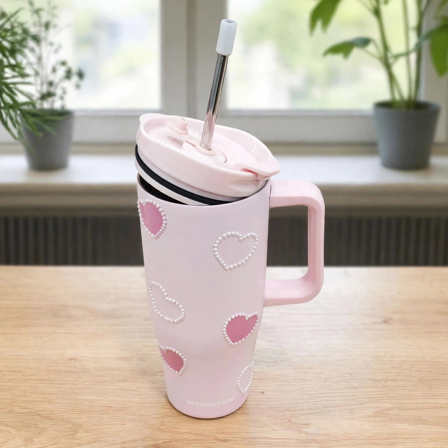 Aesthetic Pastel Pink Pearl Heart 40oz (1200ML) Insulated Stainless Steel Tumbler Mug with Handle & Straw - Coquette Edition