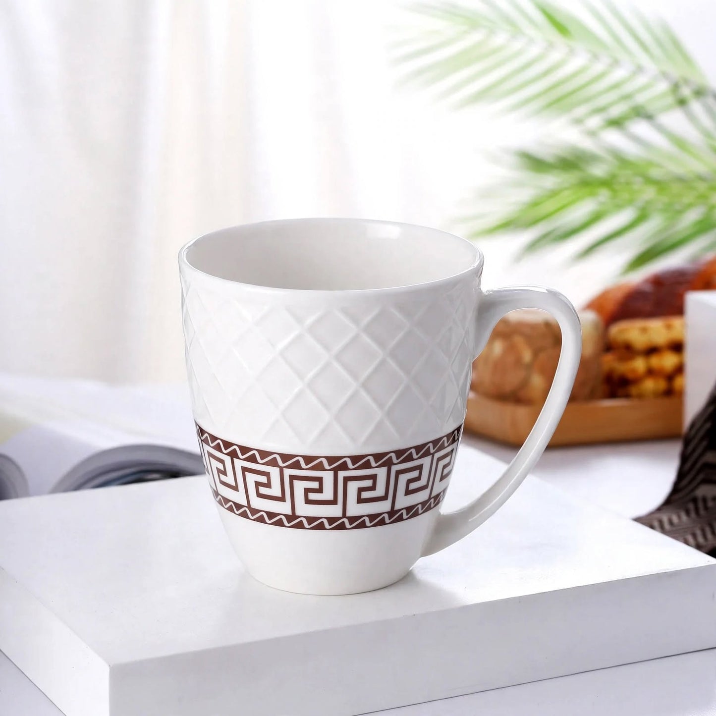 Classic Greek Key Ceramic Mug – 350ml Embossed Diamond Lattice Porcelain Coffee and Tea Cup