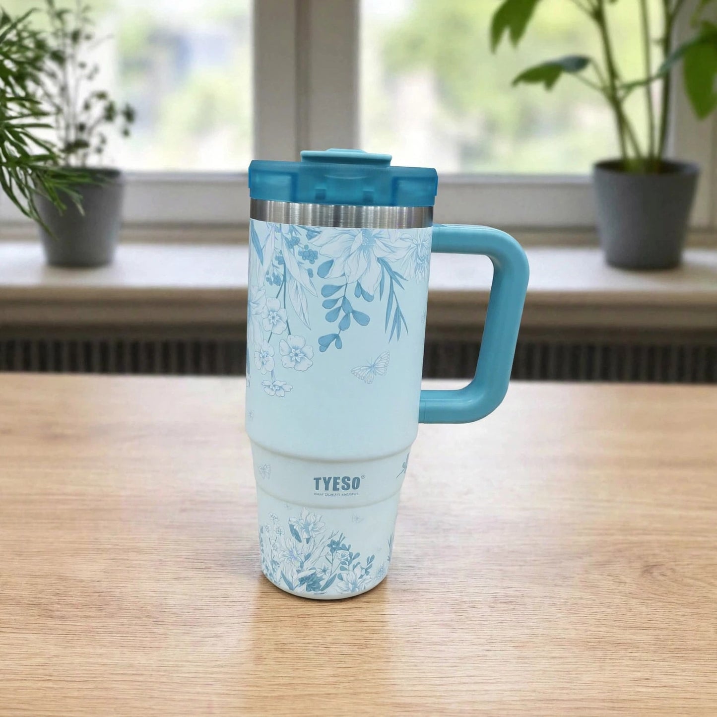 Authentic TYESO 30oz (900ML) Aura Floral Blush Collection Vacuum Insulated Tumbler Mug with Handle — Pastel Blue