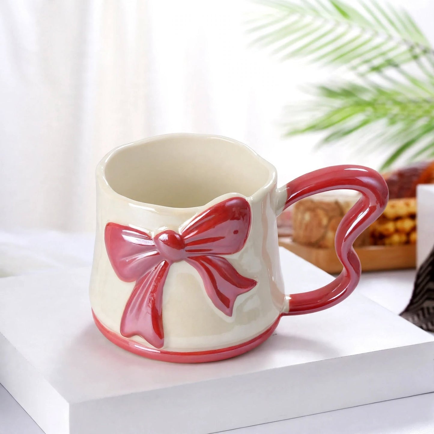 Cute 3D Ribbon Bow Ceramic Mug – 350ml Pearlescent Red Coffee Cup with Heart-Shaped Handle