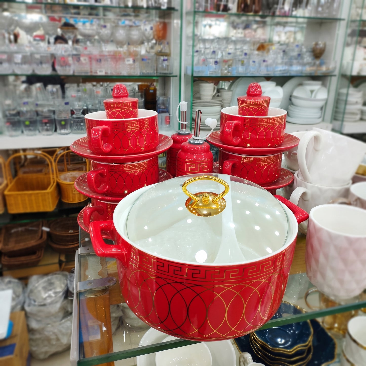 Luxury 25 Pcs Red & Gold Ceramic Soup Set with Casserole
