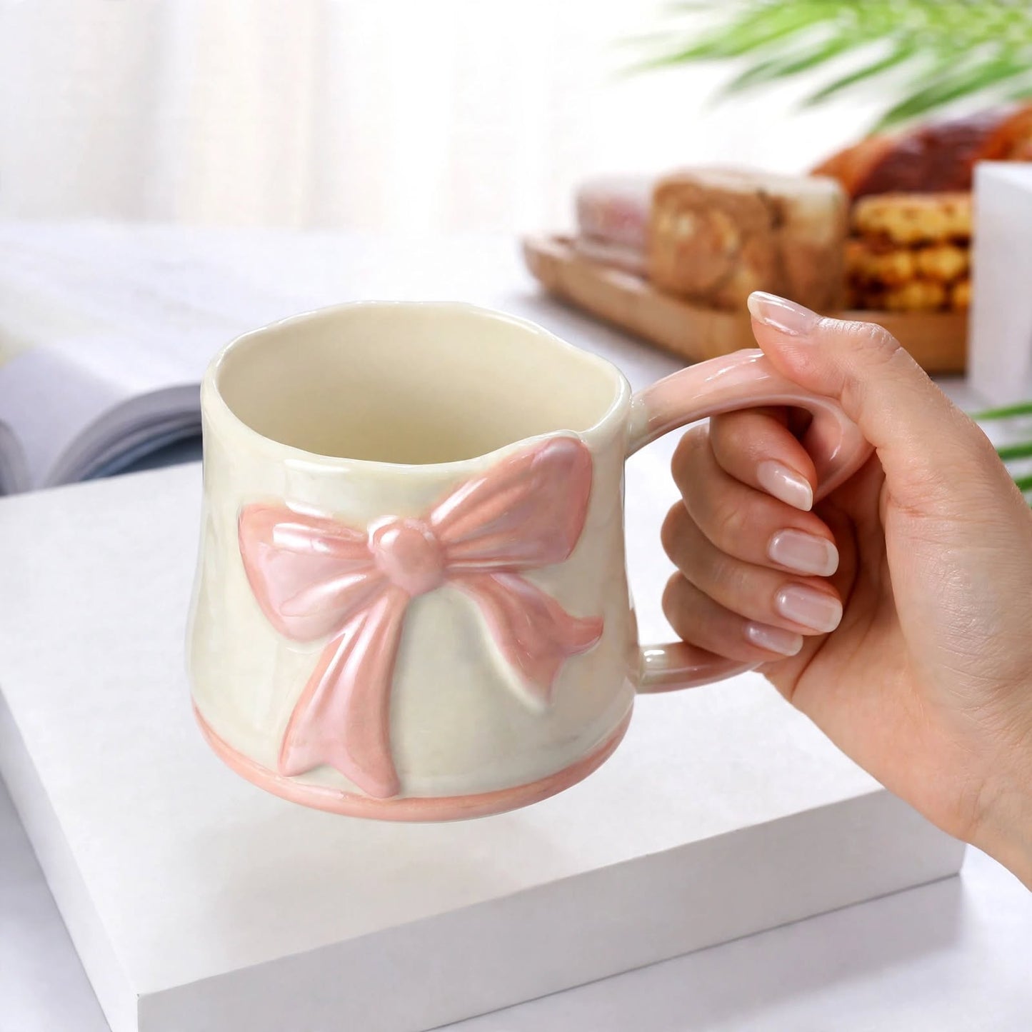 Cute 3D Ribbon Bow Ceramic Mug – 350ml Pearlescent Pink Coffee Cup with Heart-Shaped Handle