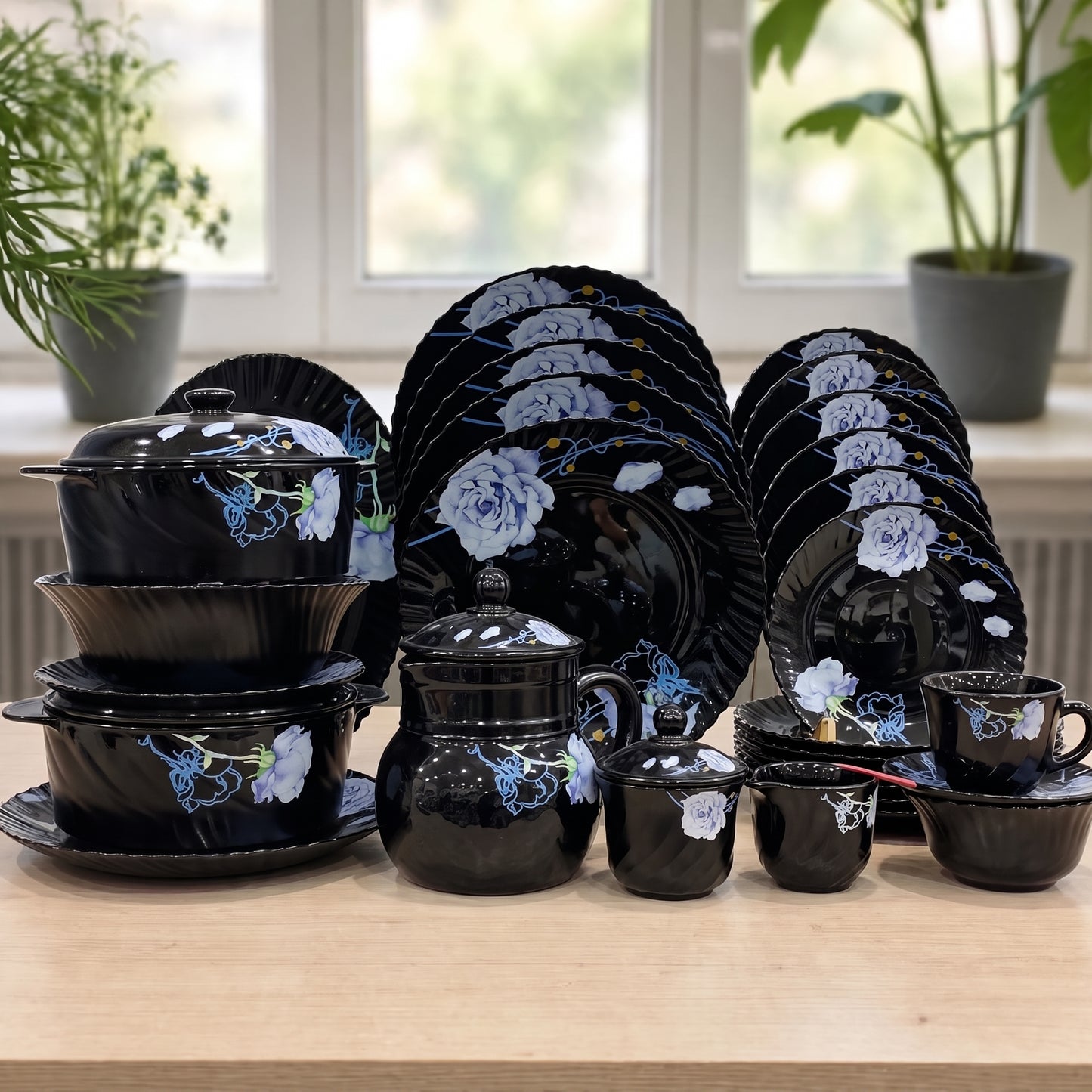 Premium 72-Piece Black Marble Opal Glass Dinner & Tea Set - 8 Person Serving - Luxury Blue Rose Floral Collection