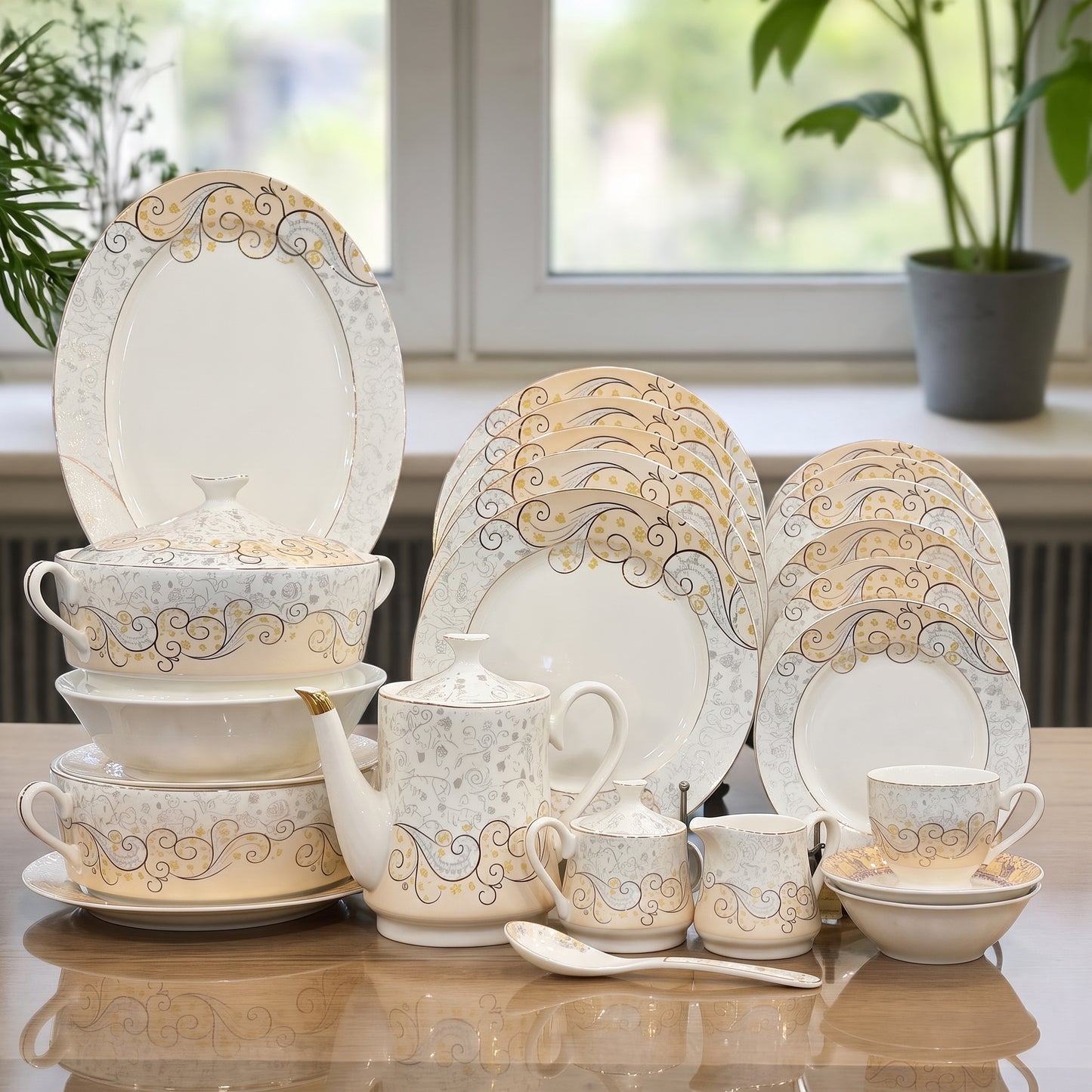 Golden Baroque 61-Piece Premium Porcelain Luxury Dinner & Tea Set - 8 Person Serving