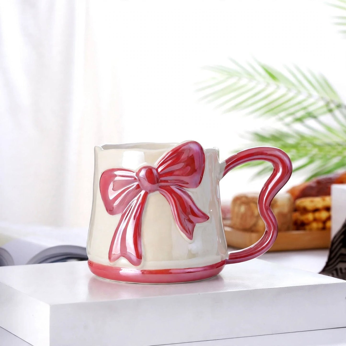 Cute 3D Ribbon Bow Ceramic Mug – 350ml Pearlescent Red Coffee Cup with Heart-Shaped Handle