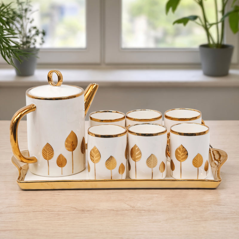 Luxury Golden Leaf Ceramic Tea Set with Matching Serving Tray