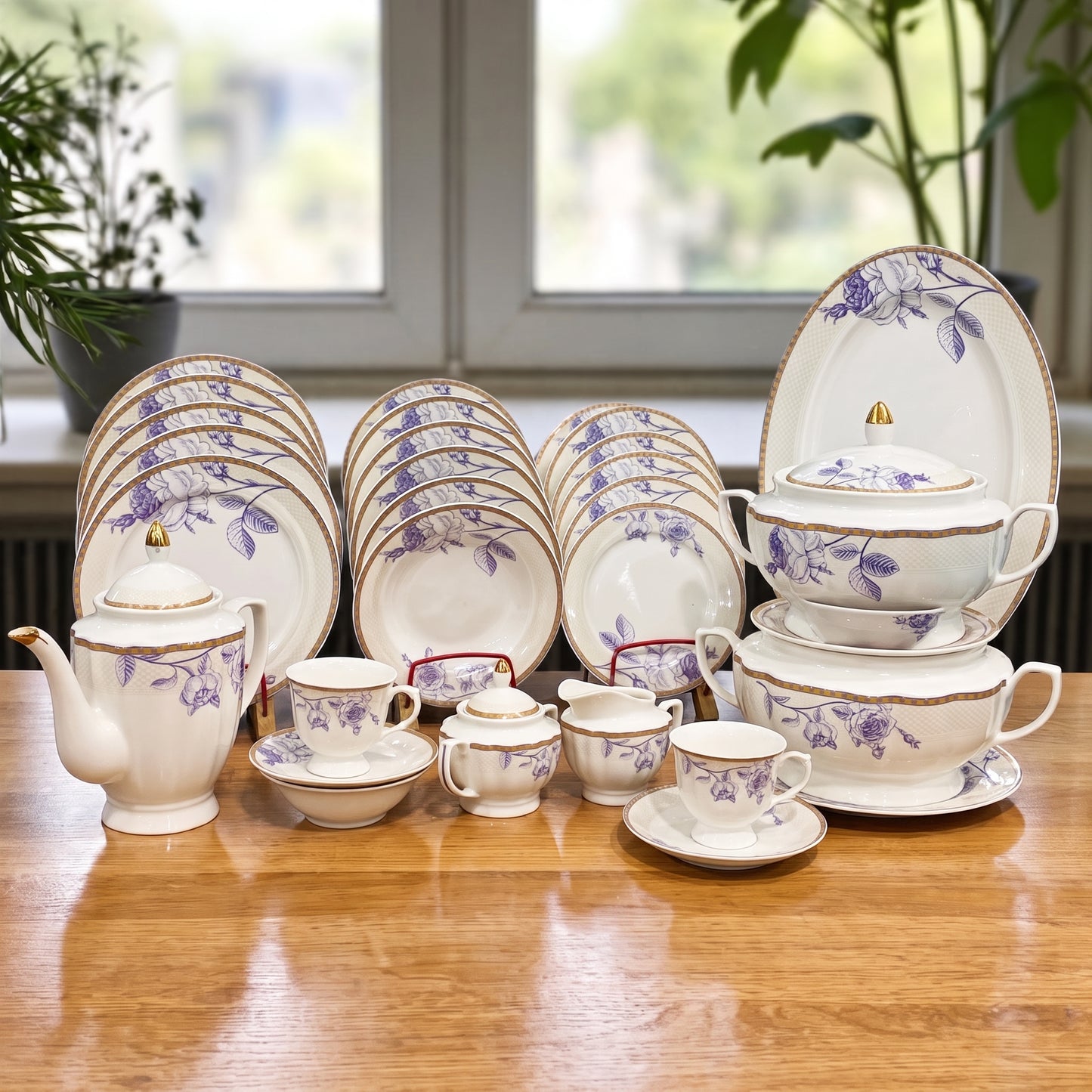 Lavender Blossom 61-Piece Premium Porcelain Luxury Dinner & Tea Set - 8 Person Serving