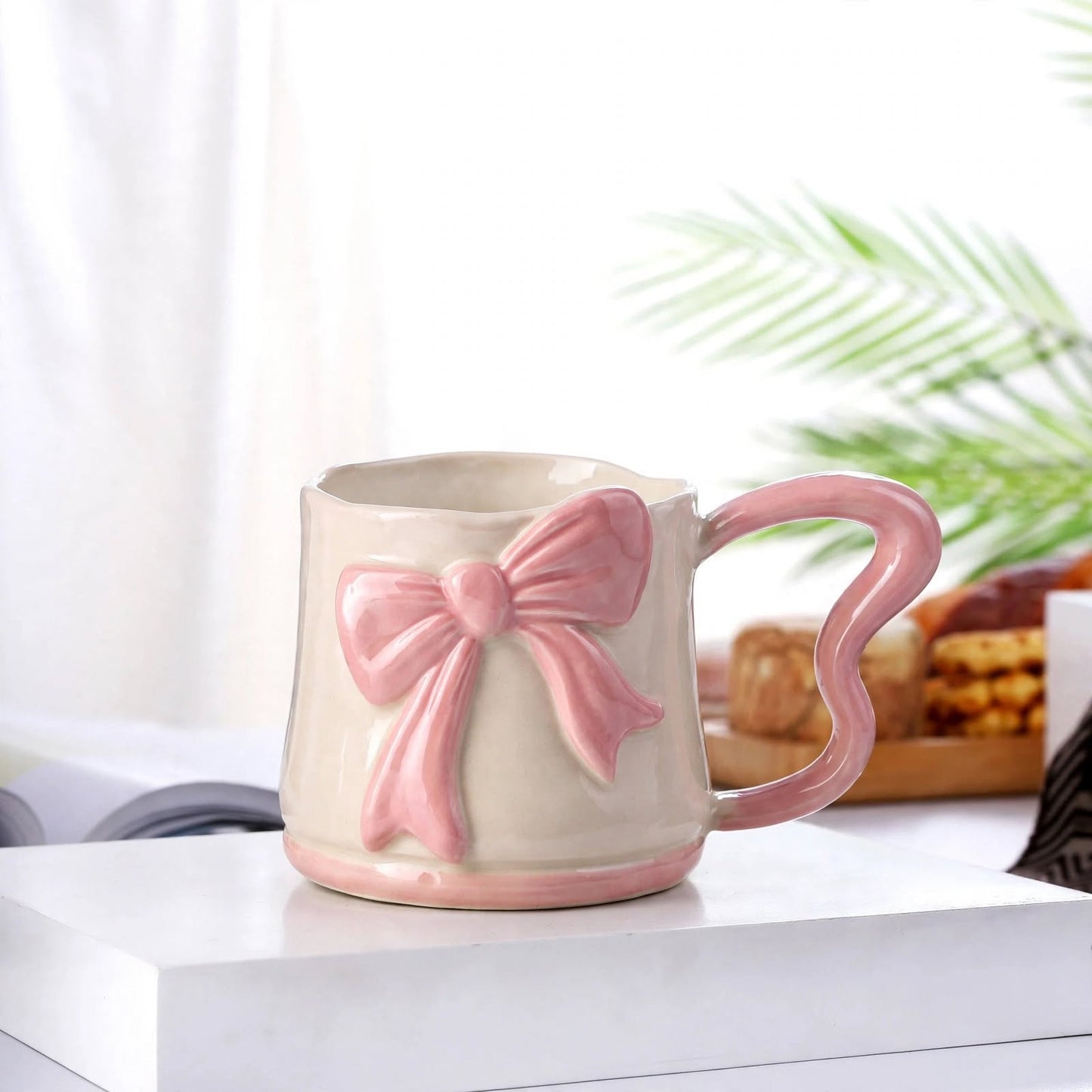 Cute 3D Ribbon Bow Ceramic Mug – 350ml Pearlescent Pink Coffee Cup with Heart-Shaped Handle