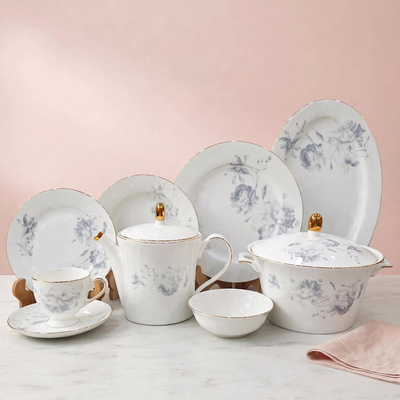 Super Bone China 61-Piece Dinner & Tea Set - Blue Floral Design with Gold Trim - 8 Person