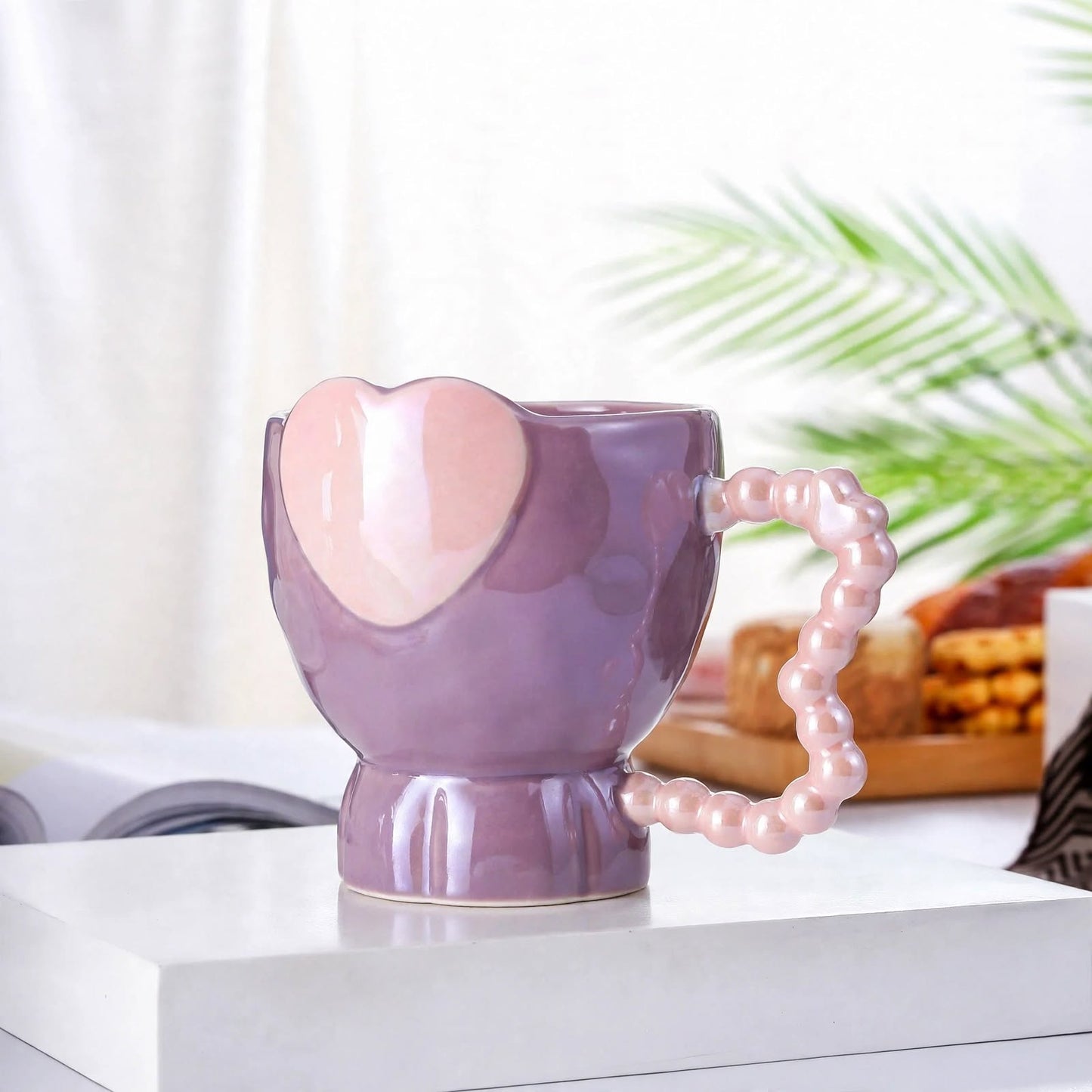Cute 3D Heart Ceramic Mug – 350ml Pearlescent Purple Coffee Cup with Pink Beaded Bubble Handle