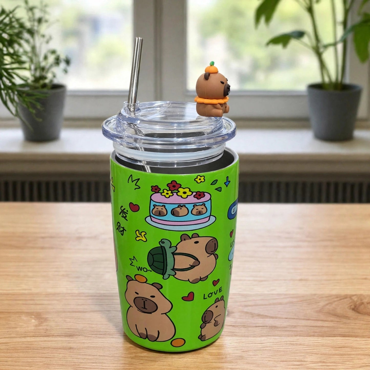 Kawaii Capybara Good Fortune Lime Green 20oz (600ML) Stainless Steel Insulated Tumbler with 3D Toy Figure & Metal Straw