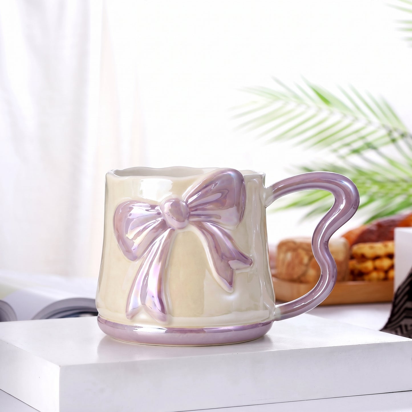 Cute 3D Ribbon Bow Ceramic Mug – 350ml Pearlescent Purple Coffee Cup with Heart-Shaped Handle