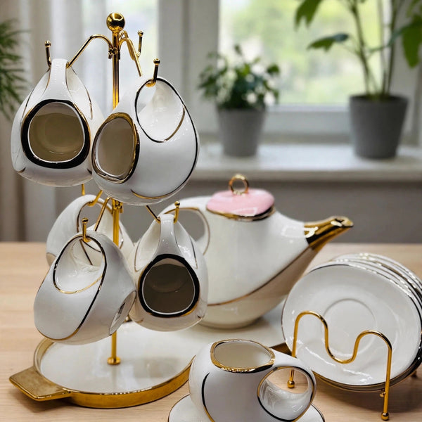 Blush Blossom Tea Set - Luxury 16-Piece White, Pink & Gold Ceramic Set with Stand