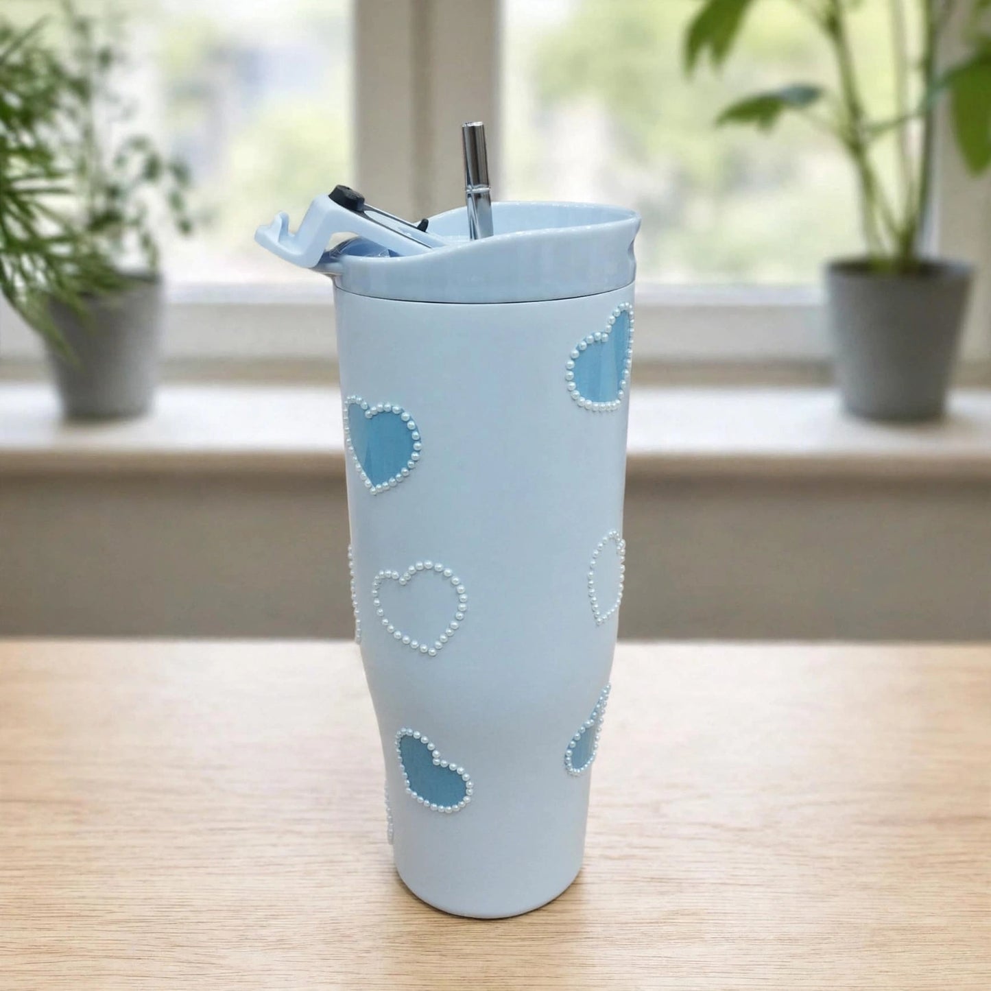 Aesthetic Pastel Blue Pearl Heart 24oz (700ML) Insulated Stainless Steel Tumbler with Straw - Coquette Edition