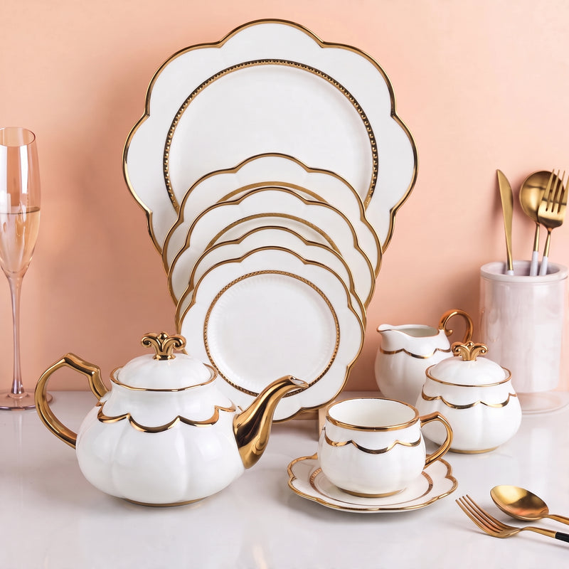 Luxury Scalloped Gold Rim 24-Piece Ceramic Dinner & Tea Combo Set