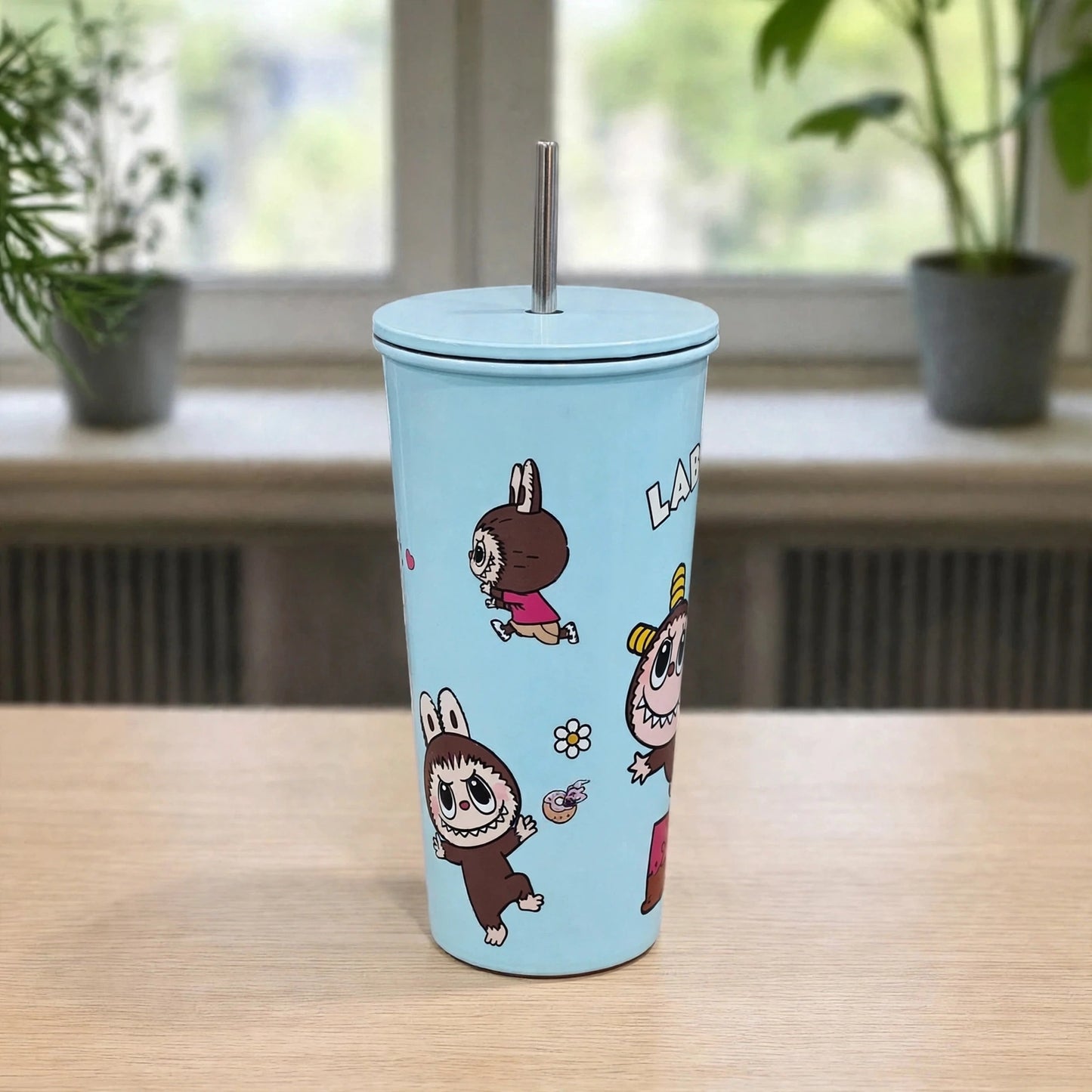 Pop Mart Labubu Time to Chill 24oz (700ML) Insulated Stainless Steel Tumbler with Metal Straw - Pastel Sky Blue