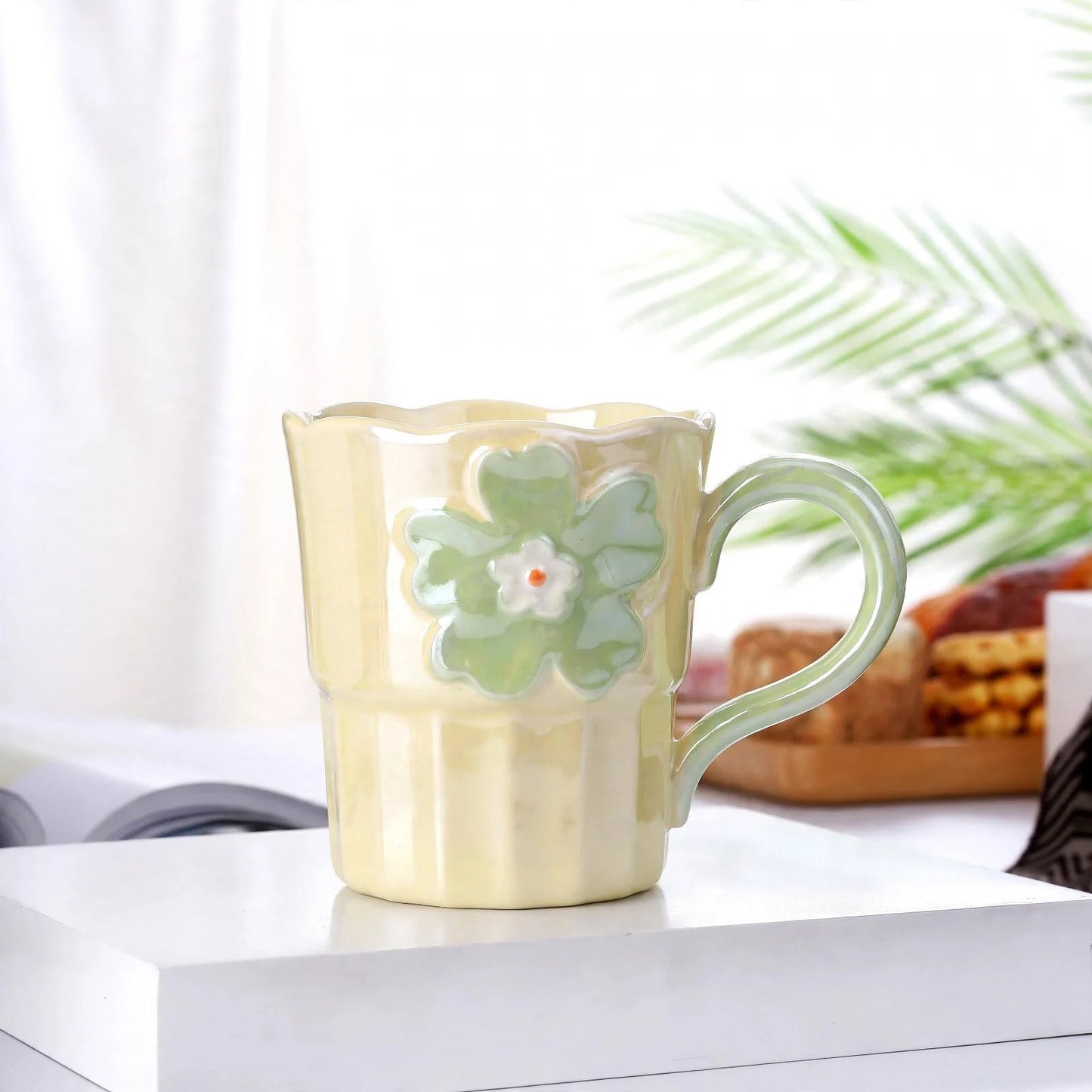 Cute 3D Flower Ceramic Mug – 360ml Pearlescent Butter Yellow Coffee Cup with Scalloped Wavy Rim