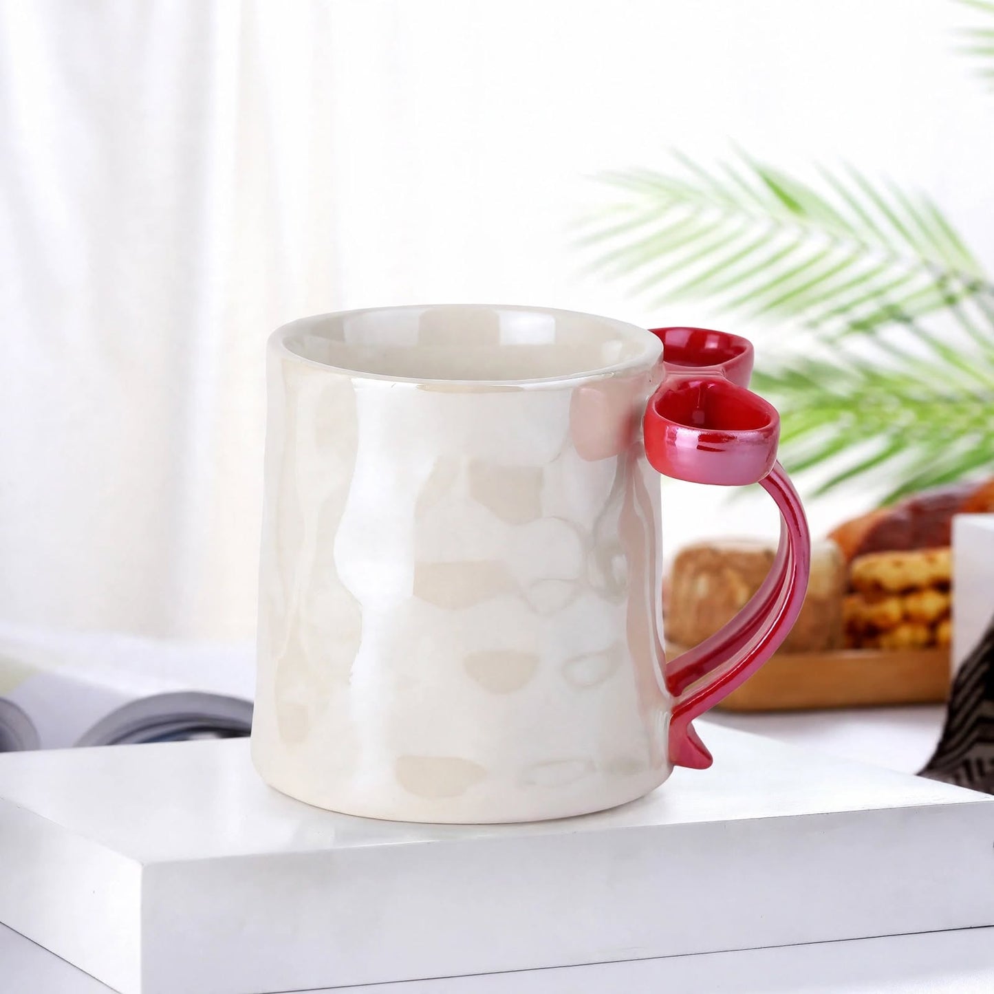 Elegant Cream 3D Bow Handle Ceramic Mug – 350ml Pearlescent Ribbon Coffee Cup with Red Bowknot Grip