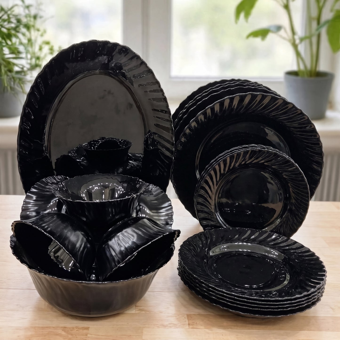 Elegant Glossy Black 26-Piece Ceramic Dinnerware Set With Wavy Rim Design
