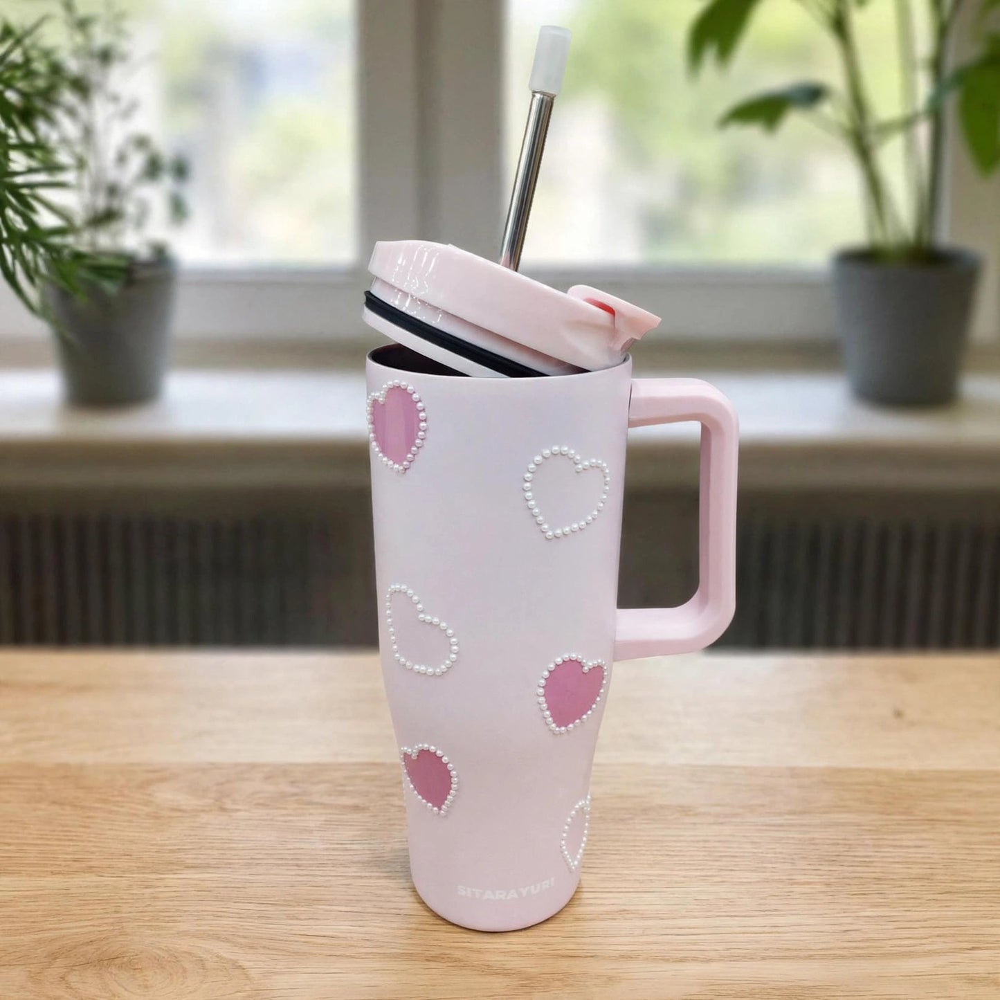 Aesthetic Pastel Pink Pearl Heart 40oz (1200ML) Insulated Stainless Steel Tumbler Mug with Handle & Straw - Coquette Edition