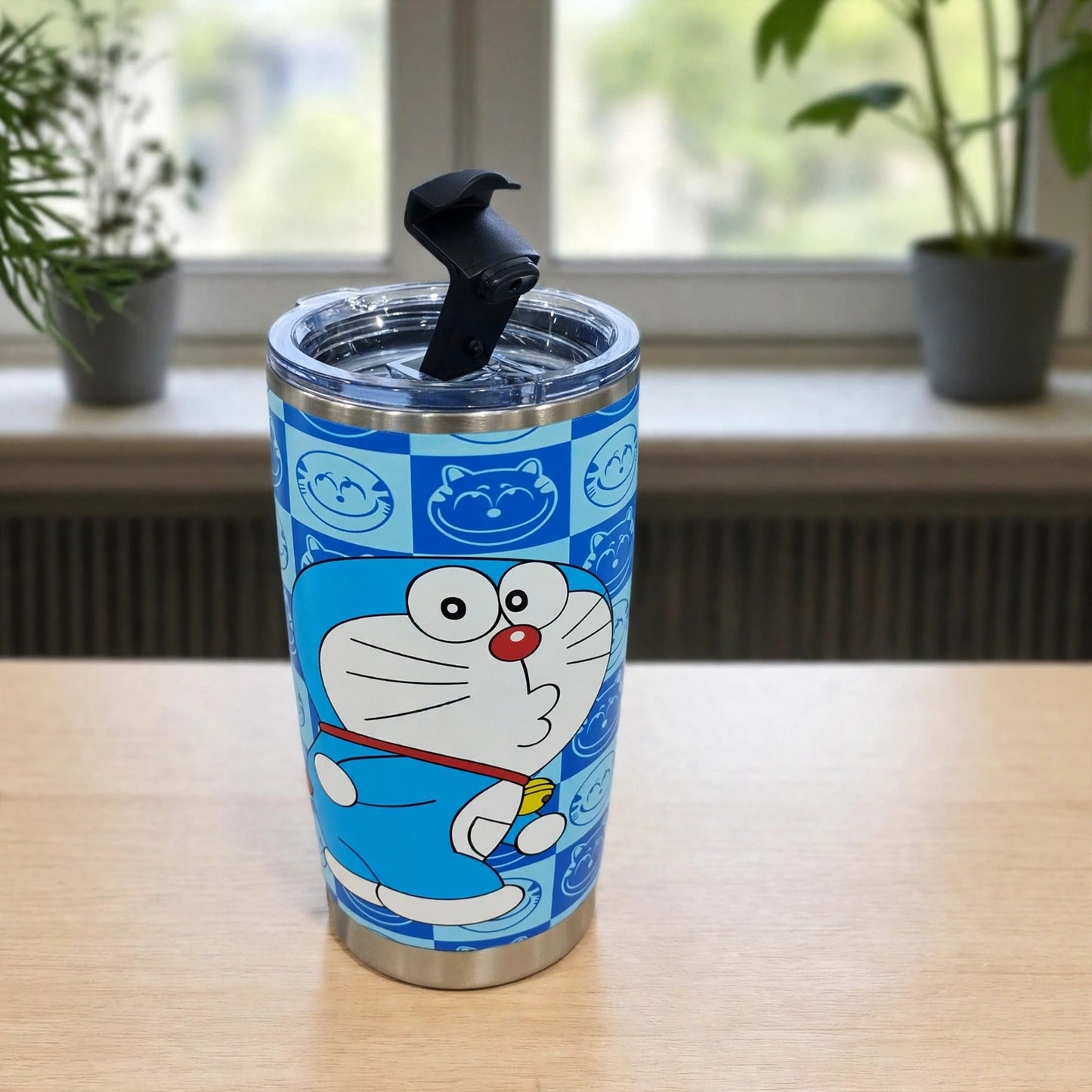 Doraemon Checkerboard Anime 20oz (600ML) Insulated Stainless Steel Travel Tumbler with Flip Lid - Blue