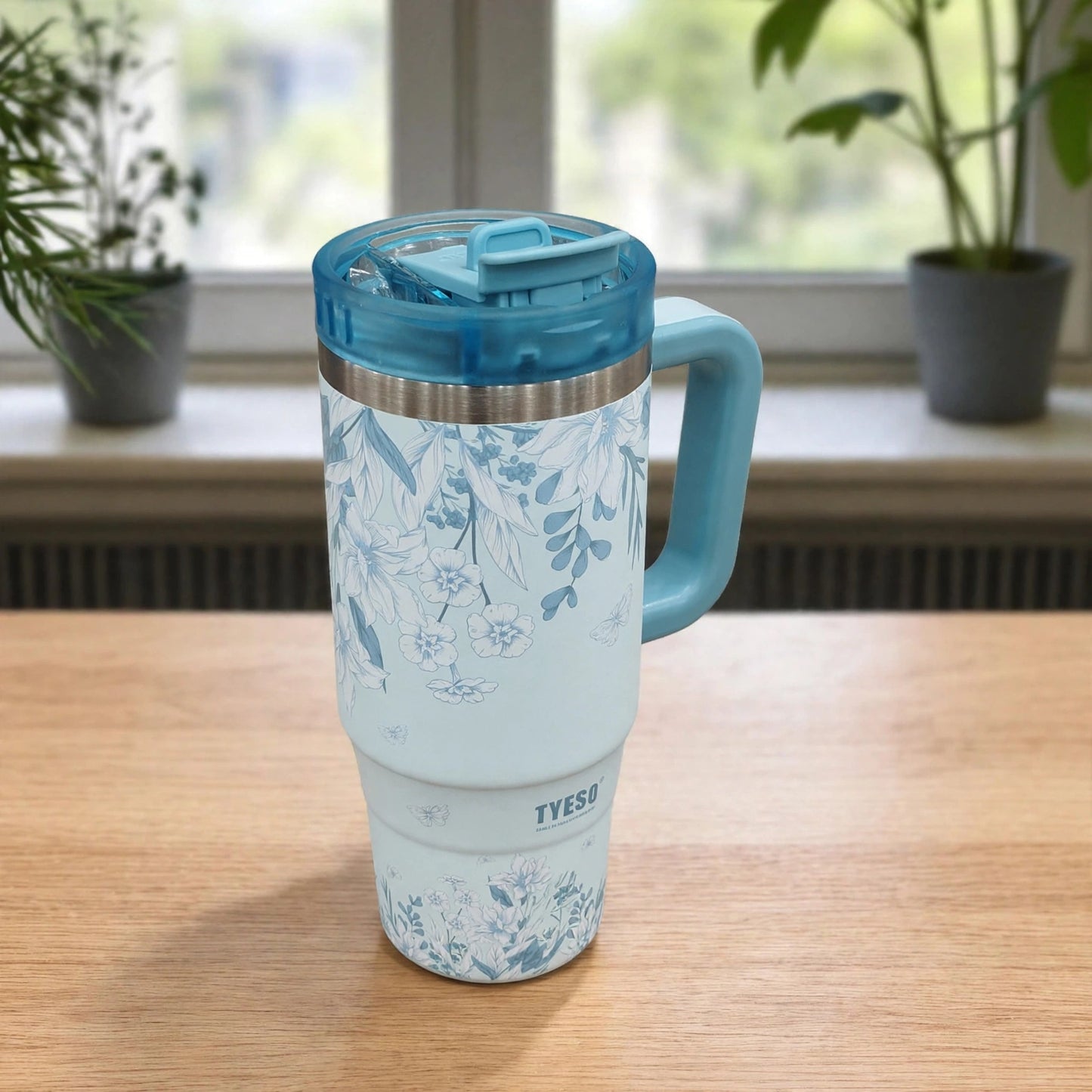 Authentic TYESO 30oz (900ML) Aura Floral Blush Collection Vacuum Insulated Tumbler Mug with Handle — Pastel Blue