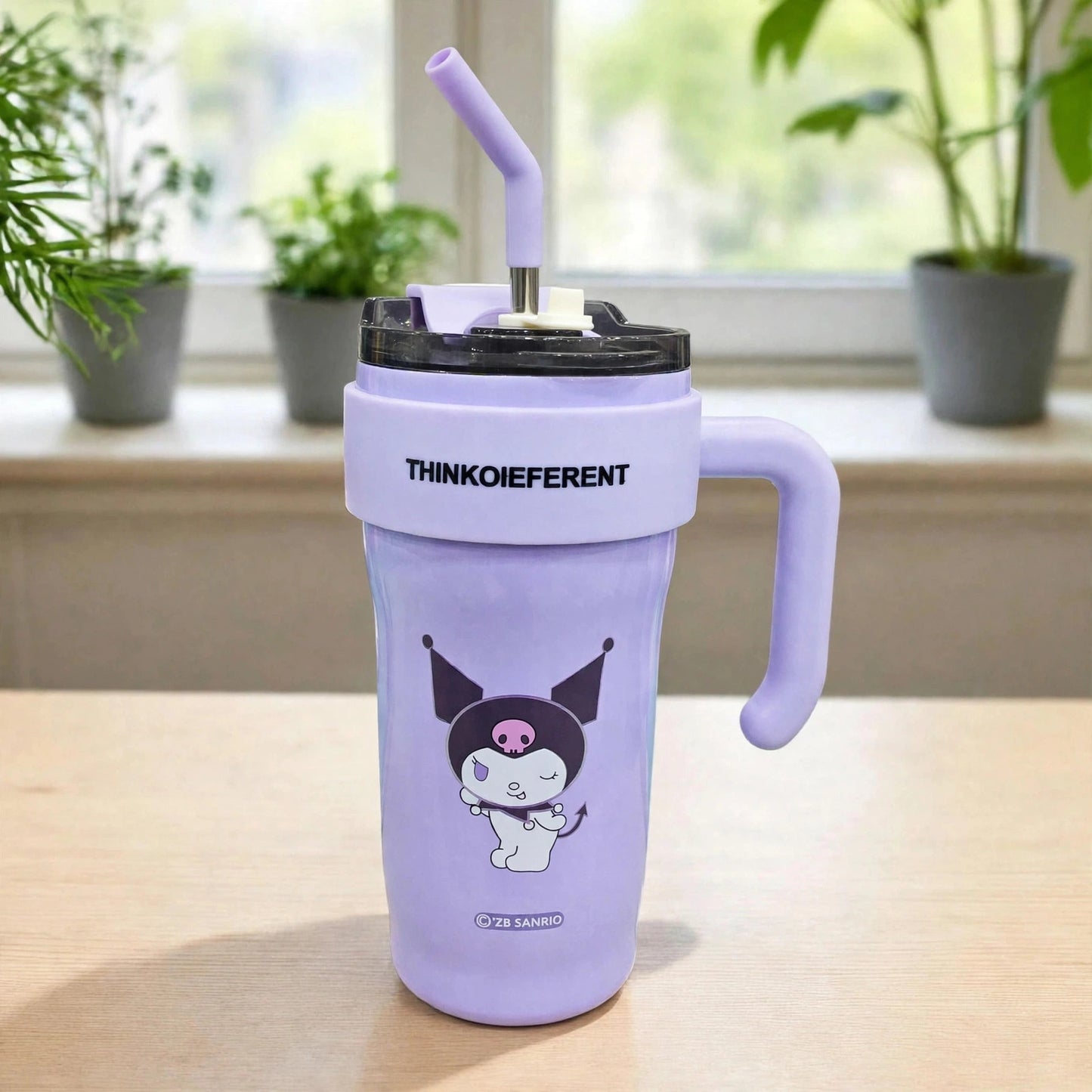 Kuromi 850ml Stainless Steel Insulated Tumbler Mug With Handle & Straw - Purple