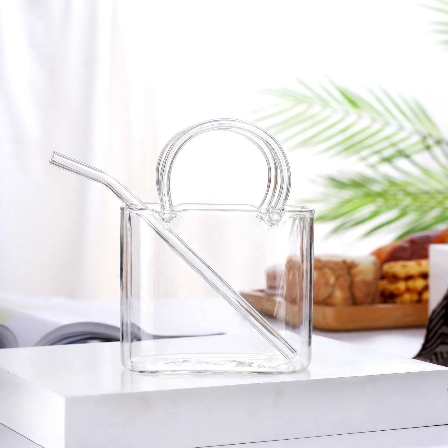 Aesthetic Handbag Glass Cup with Straw – 400ml Creative Purse-Shaped Beverage Tumbler and Flower Vase