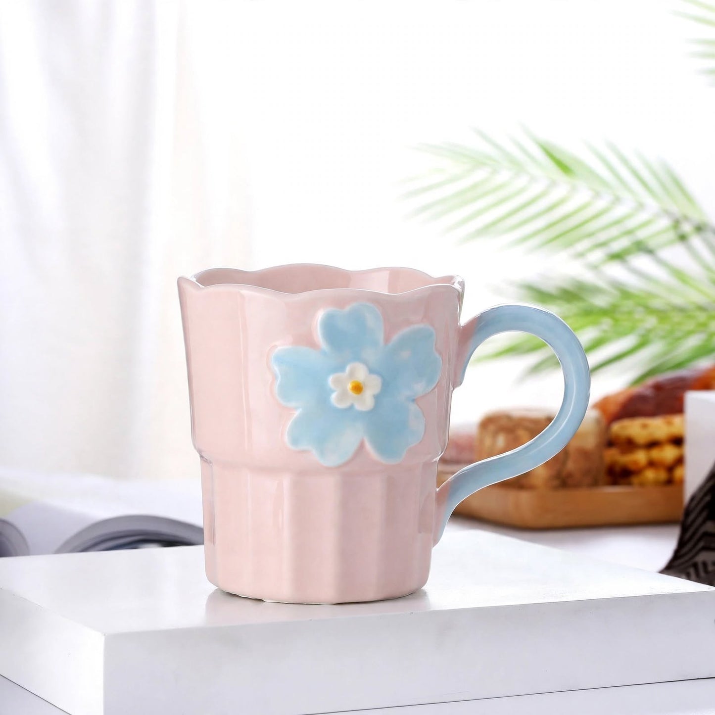 Cute 3D Flower Ceramic Mug – 360ml Pastel Pink Coffee Cup with Scalloped Wavy Rim and Blue Handle