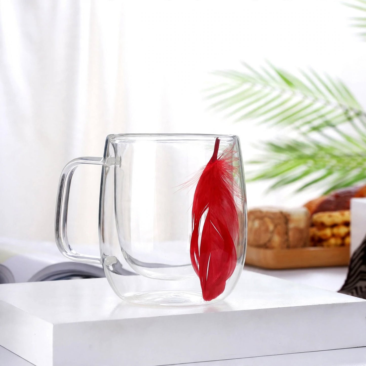 Double Wall Glass Mug with Floating Red Feather – Insulated Creative Coffee and Tea Cup with Handle