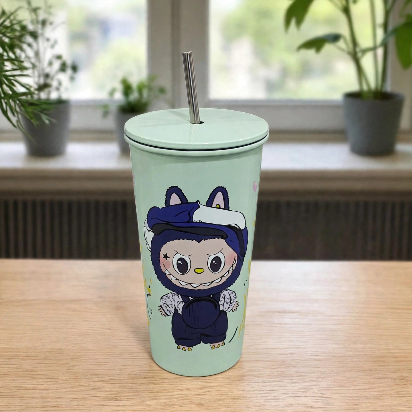 Pop Mart Labubu Monster Overalls Mint Green 24oz (700ML) Insulated Stainless Steel Tumbler with Metal Straw