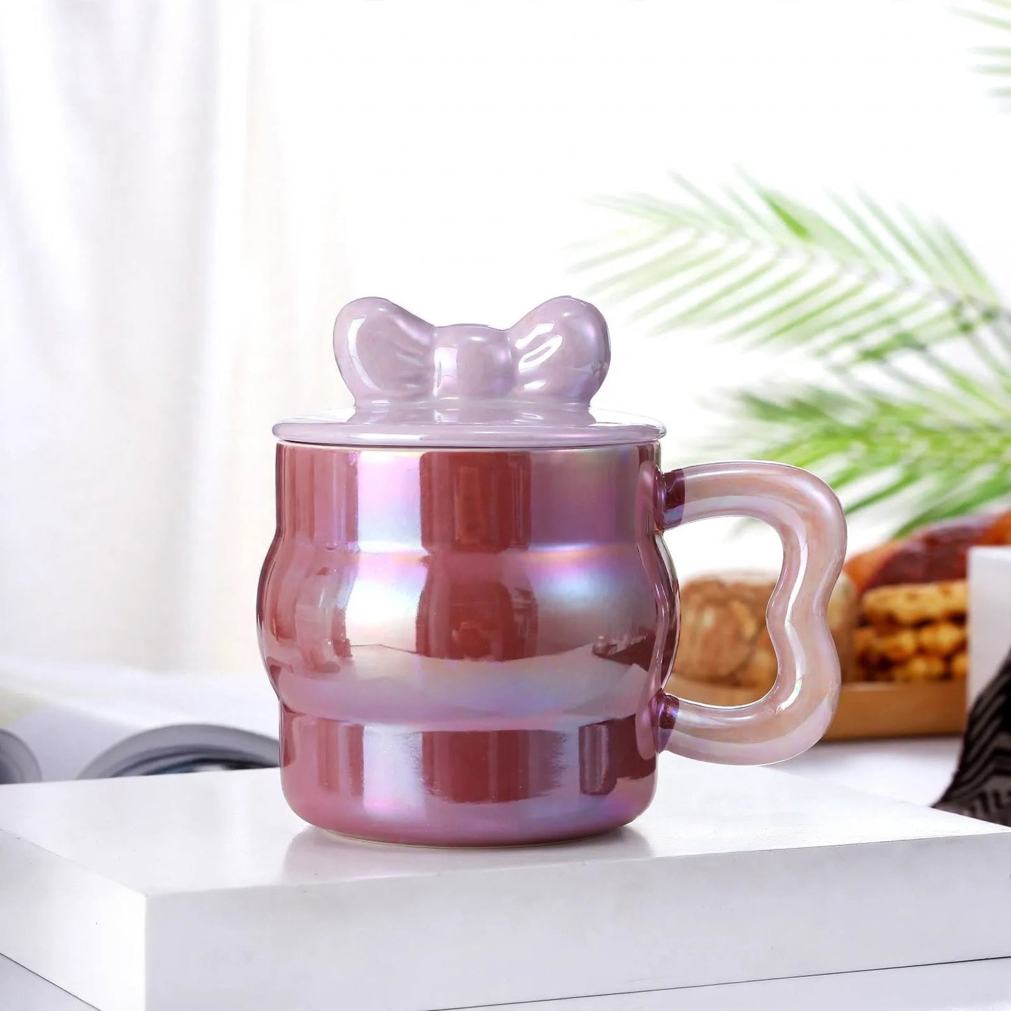 Cute Pastel Purple Ceramic Mug with Bow Lid – 380ml Pearlescent Iridescent Coffee and Tea Cup with Heart Handle