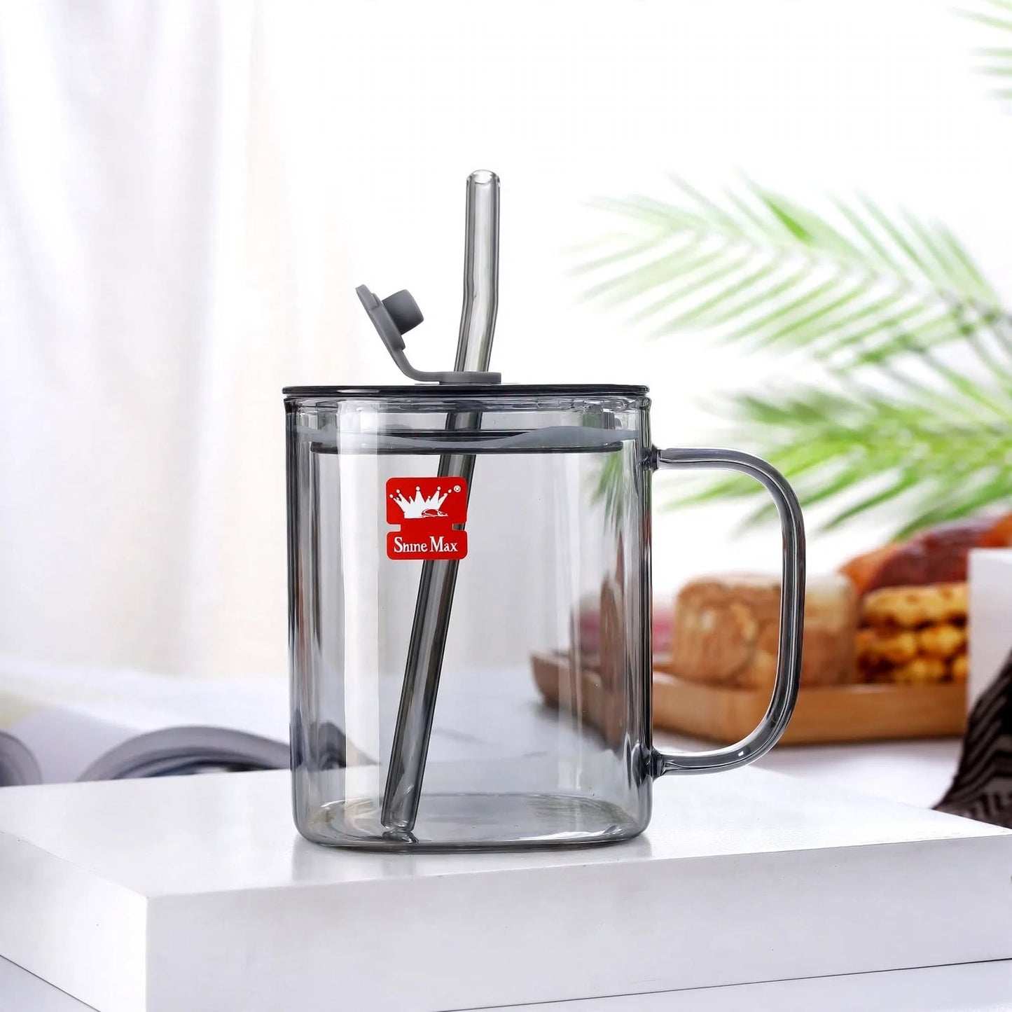 Shine Max Glass Tumbler with Lid and Straw – 450ml Smoked Glass Coffee Mug with Handle