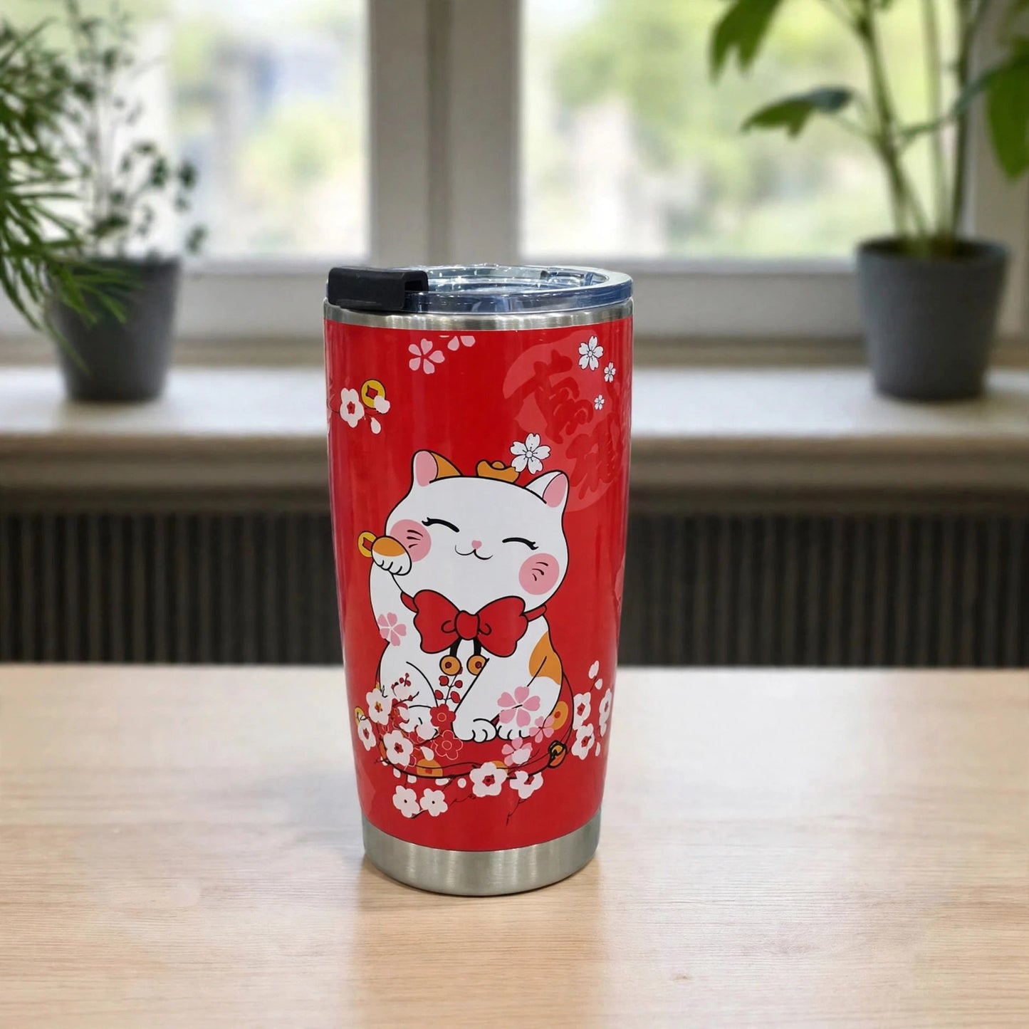 Japanese Maneki-Neko Lucky Cat 20oz (600ML) Insulated Stainless Steel Tumbler - Festival Red