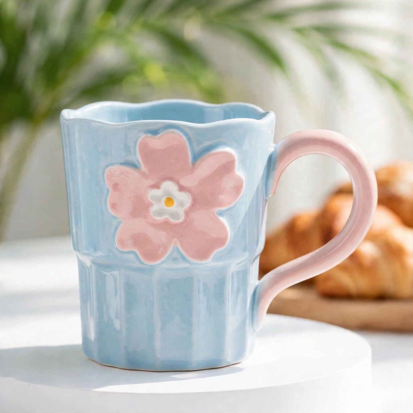 Cute 3D Flower Ceramic Mug – 360ml Pastel Blue Coffee Cup with Scalloped Wavy Rim and Pink Handle