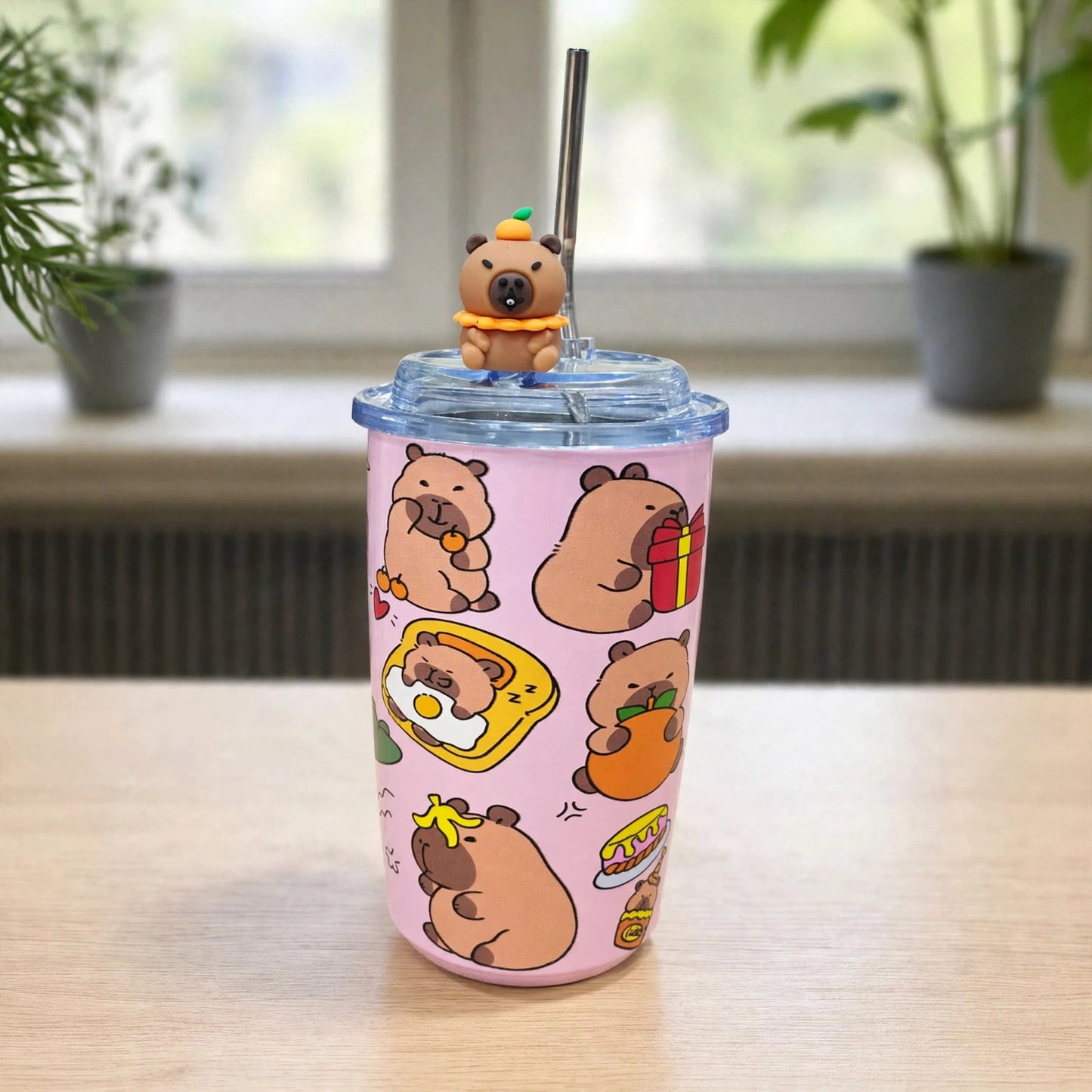 Capybara 500ml Stainless Steel Tumbler with Straw & 3D Topper - Pink