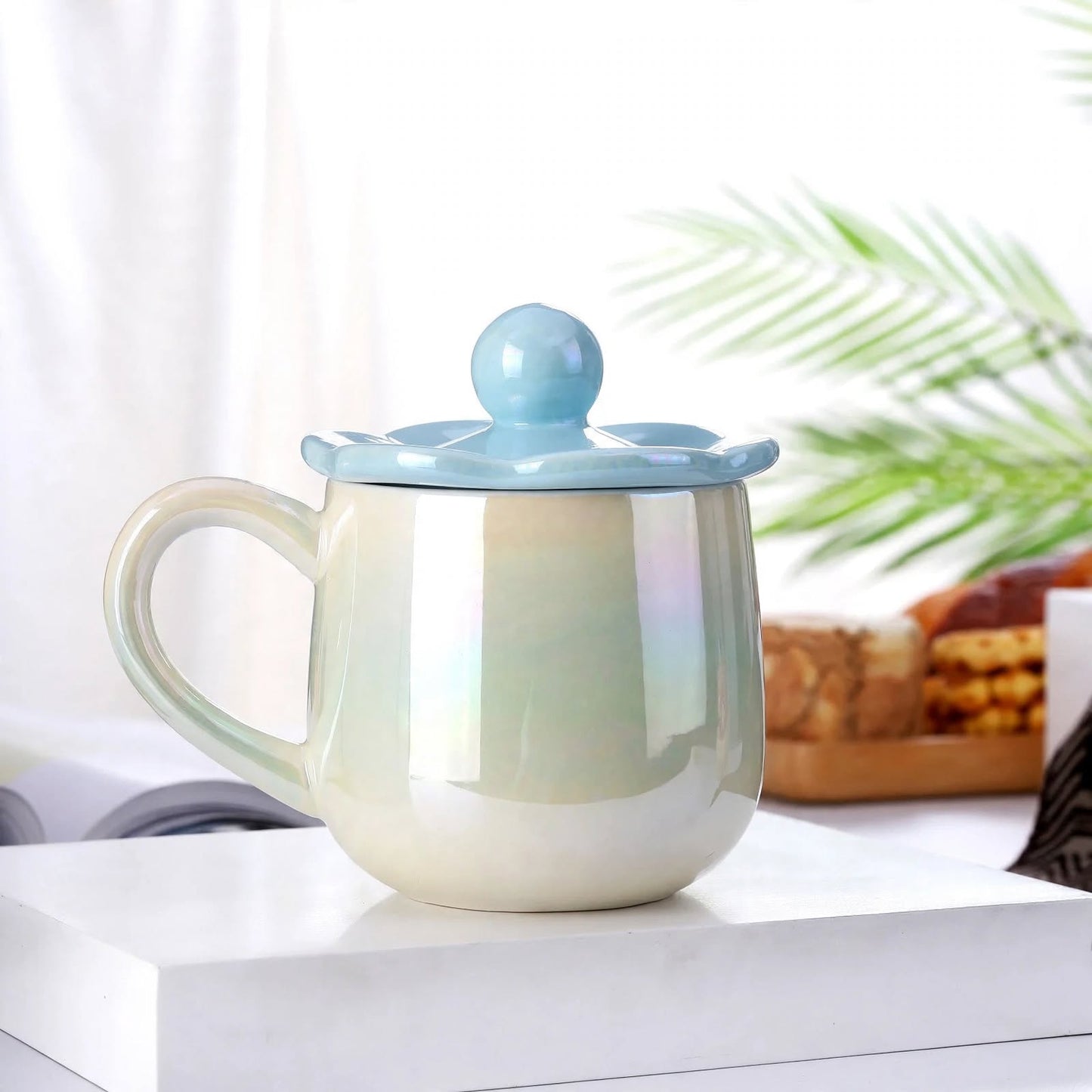 Creative Gradient Ceramic Mug with Flower Lid – 380ml Iridescent Pastel Blue Coffee and Tea Cup