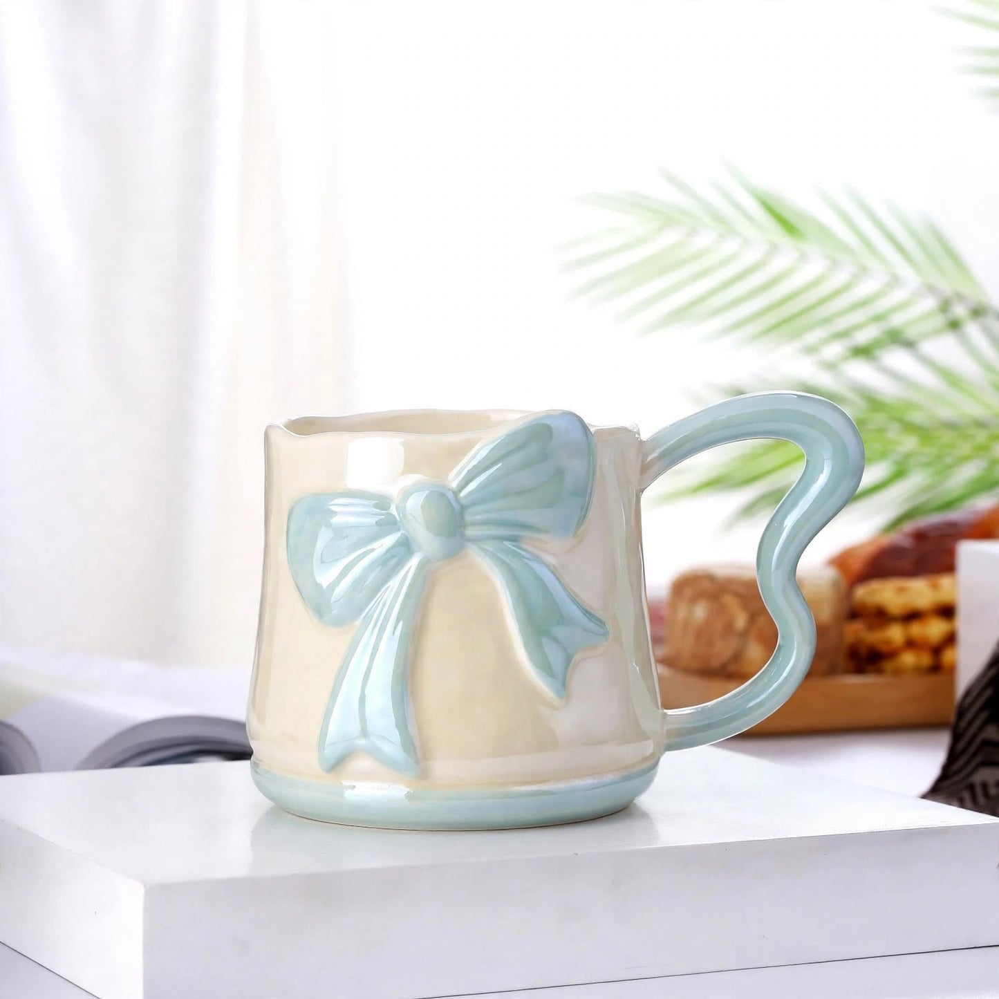 Cute 3D Ribbon Bow Ceramic Mug – 350ml Pearlescent Blue Coffee Cup with Heart-Shaped Handle