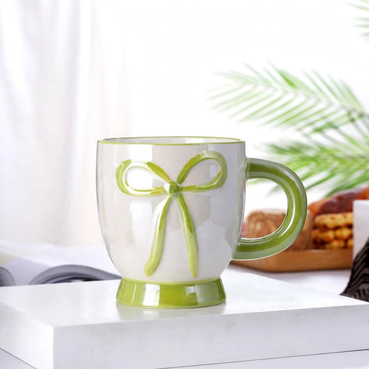 Cute 3D Ribbon Bow Ceramic Mug – 400ml Pearlescent Sage Green Pedestal Coffee Cup with Pearl Luster Glaze