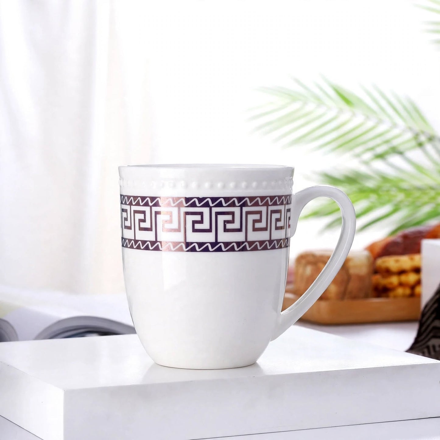 Elegant Greek Key Ceramic Mug – 350ml Embossed Beaded Rim Porcelain Coffee and Tea Cup