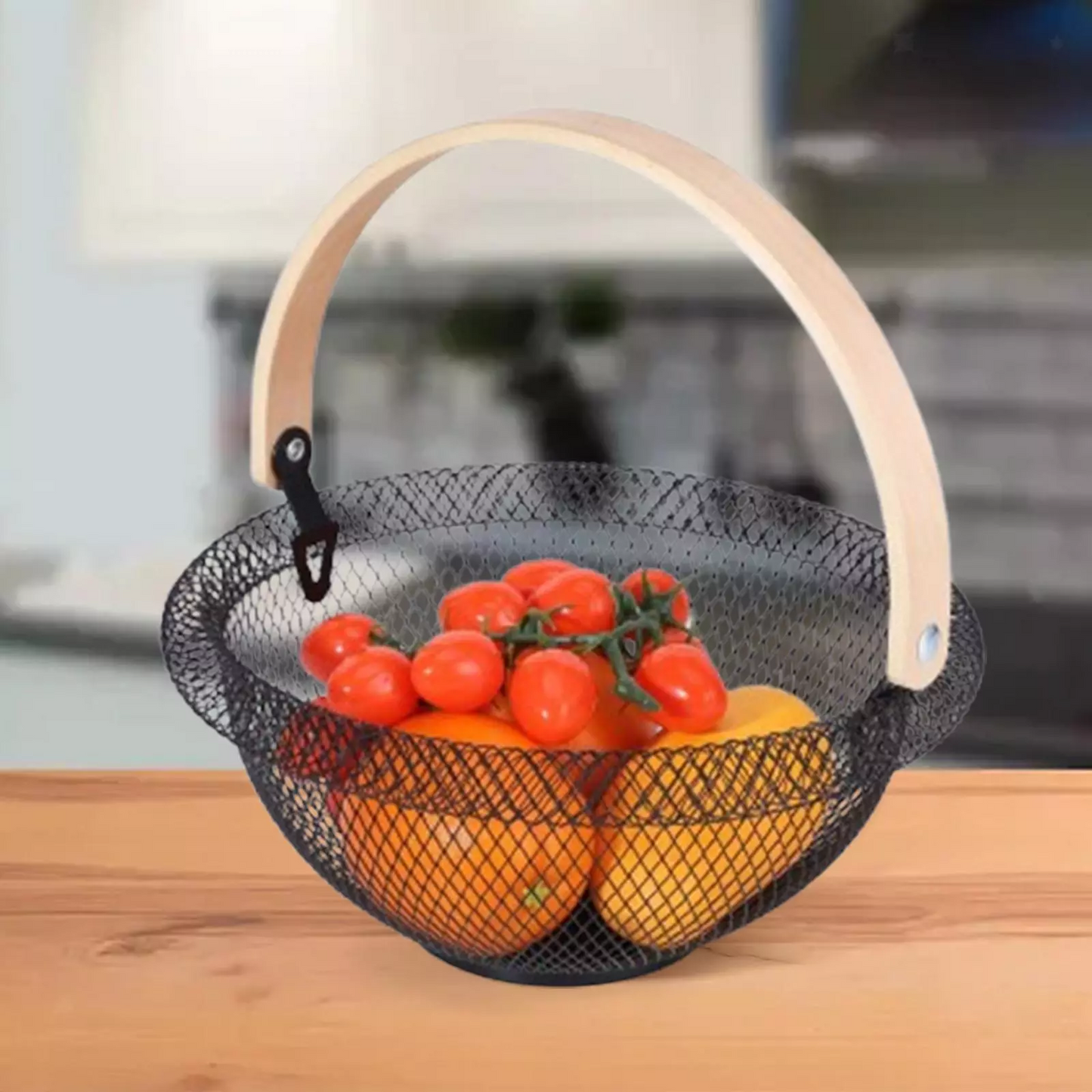 Nordic Matte Black Metal Wire Fruit Basket – Decorative Round Mesh Storage Bowl with Foldable Wooden Handle