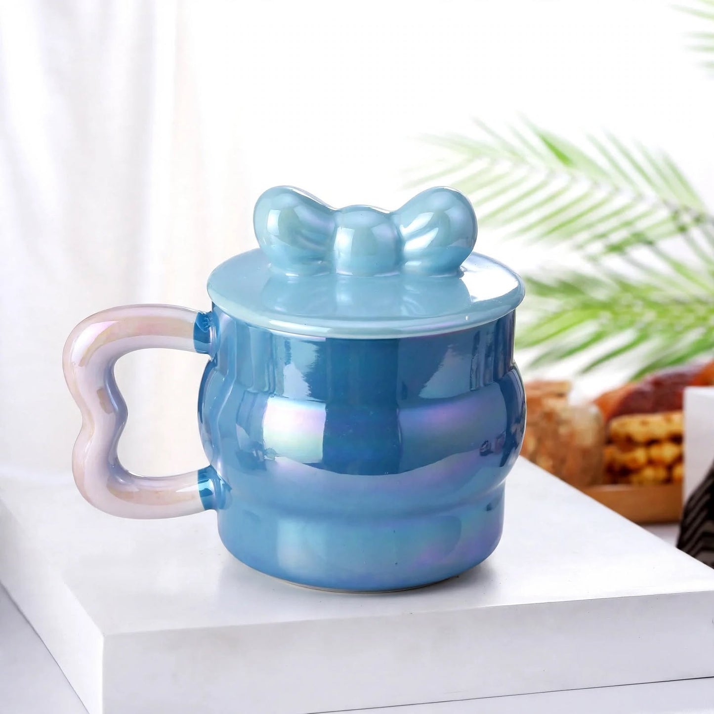 Cute Pastel Blue Ceramic Mug with Bow Lid – 380ml Pearlescent Iridescent Coffee and Tea Cup with Heart Handle