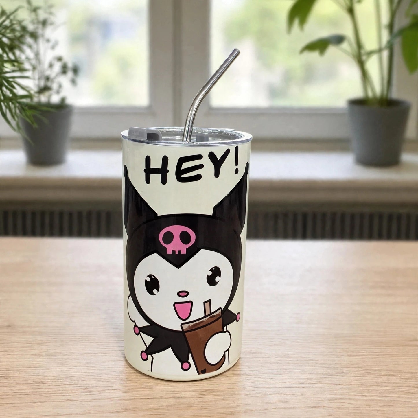 Kawaii Sanrio Kuromi "HEY!" 20oz (600ML) Insulated Stainless Steel Tumbler with Metal Straw - Off White
