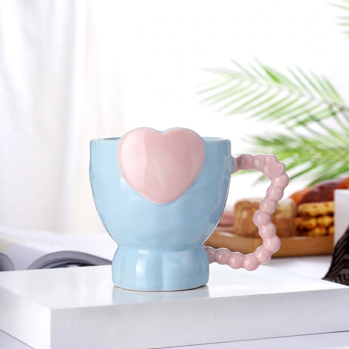 Cute 3D Heart Ceramic Mug – 350ml Pearlescent Blue Coffee Cup with Pink Beaded Bubble Handle